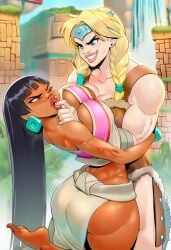 2girls ai_generated ass bearhug black_hair blonde_hair braided_hair braids breasts catfight chel chel_(the_road_to_el_dorado) cling clothed_female dark-skinned_female dark-skinned_sub dark_skin dreamworks female female/female female_only latina legs_over_head muscles muscular muscular_female on_back pinned pinning sexfight the_road_to_el_dorado viking viking_female viking_helmet waterfall wrestling yuri