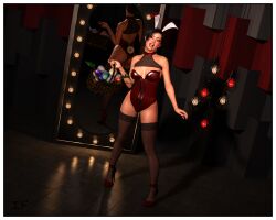 1girls 3d bunny_ears bunnysuit clothed clothed_female daz_studio female female_only full_body leotard mirror neo_edo_art original red_bunnysuit red_leotard solo stockings