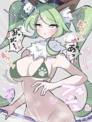 1girls animal_ears blush bra color colored deale_(nyanko_daisensou) digital_media_(artwork) double_ponytail excited female female_only green_bra green_hair grey_background hi_res konpee light-skinned_female light_skin long_hair looking_up masturbation nyanko_daisensou open_mouth partially_clothed ponytail simple_background solo the_battle_cats video_game_character video_games viewed_from_above white_background wolf wolf_ears wolf_girl wolf_princess_deale yellow_eyes