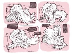 1boy 1boy1girl 1girls 2025 2d bedding blush blush_lines cherri_bomb cherri_bomb_(hazbin_hotel) color comic cyclops dialogue english english_dialogue english_text fangs female freckles freckles_on_face halo hat hazbin_hotel heart heart_symbol horny horny_male kissing looking_at_another making_out male pajamas pillow sheets sir_pentious sir_pentious_(hazbin_hotel) snake talking_to_another text text_bubble twiggietime vivienne_medrano watermark