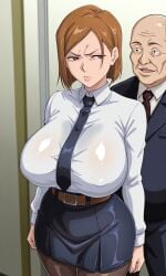 1boy 1girls ai_generated bbm big_breasts brown_eyes brown_hair cheating corruption curvy curvy_body curvy_female curvy_figure fat_male huge_breasts jujutsu_kaisen kugisaki_nobara kyoru189 large_breasts light-skinned_female light_skin mature_female netorare ntr old_male older_male older_male_and_younger_female shiny shiny_skin short_hair solo solo_female ugly_bastard