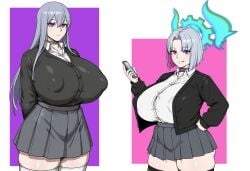 2girls ai_generated alternate_body_type alternate_breast_size cardigan close_(digimon_liberator) closed_mouth colored_inner_hair covered_erect_nipples curtained_hair digimon digimon_liberator expressionless hair_between_eyes halo hand_on_hip huge_breasts long_hair long_sleeves looking_at_viewer open_cardigan parted_bangs pink_eyes pink_hair pleated_skirt purple_eyes school_uniform short_hair shortstack siblings silver_hair simple_background sisters skindentation skirt smiling thick_thighs thighhighs tongue_out unchained_(digimon_liberator)