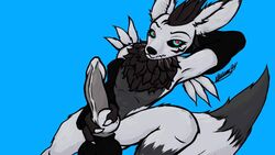 16:9 8ch anthro armwear balls black_body black_fur black_sclera blue_eyes canid canine chest_tuft clothing digimon digimon_(species) elbow_gloves fur genitals gloves grey_body grey_fur handwear kiba_sai_(character) looking_at_viewer male male_only mammal masturbation pupils red_pupils renamon simple_background solo spread_legs spreading tuft widescreen