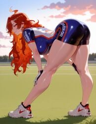 1girls ahoge ai_generated ass back_cutout balecxi bent_over bike_shorts black_gloves blue_bodysuit blue_sky blurry_background bodysuit breasts clothes_writing clothing cloud cloudy_sky curvaceous curvaceous_female curvaceous_figure curvy curvy_figure day earrings female female_focus footwear from_behind full_body genshin_impact gloves grass grin hands_on_own_knees hanging_breasts hoyoverse inviting inviting_to_sex jewelry kneepits large_breasts legs long_hair looking_at_viewer looking_back mavuika_(genshin_impact) multicolored_clothes multicolored_hair orange_eyes orange_hair outdoors parted_lips presenting presenting_ass presenting_breasts presenting_hindquarters presenting_self red_eyes red_hair seductive seductive_look seductive_smile shoes short_sleeves shorts skin_tight sky smile sneakers solo standing thick_thighs thighs voluptuous voluptuous_female white_footwear