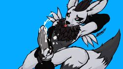 16:9 8ch anthro armwear balls black_body black_fur black_sclera blue_eyes bodily_fluids canid canine chest_tuft clothing cum cumshot digimon digimon_(species) ejaculation elbow_gloves fur genital_fluids genitals gloves grey_body grey_fur handwear kiba_sai_(character) looking_at_viewer looking_pleasured male male_only mammal masturbation pupils red_pupils renamon simple_background solo spread_legs spreading tongue tongue_out tuft widescreen