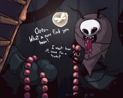 1boy 2025 anal anal_beads antennae anthro balls black_body black_skin brown_clothing bug dialogue faceless_male hi_res hollow_knight hollow_knight:_silksong insects laminatedglitch long_tongue male male_only mask masked masked_male relic_seeker_scrounge saliva sharp_teeth shopkeeper silksong tongue worm