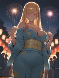 2025 ai_assisted ai_generated anime anime_girl anime_style artist_name bangs bare_shoulders blonde_hair blue_kimono blush breasts cleavage collarbone ear_piercing earrings female fireworks floral_print grin hi_res high_quality high_res high_resolution highres japanese_clothes jewelry kimono kitagawa_marin lantern large_breasts long_hair looking_at_viewer marin_kitagawa new_year night obi off_shoulder outdoors patreon patreon_username piercing red_eyes rinkoai sash smile solo_focus sono_bisque_doll_wa_koi_wo_suru uncensored watermark wide_sleeves yukata