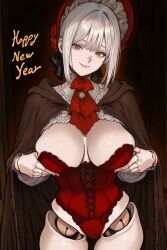 1female 1girls 2025 2026 ai_assisted ai_generated background big_breasts bloodborne blush blushing_female bonnet bra breasts clothed clothed_female clothing corset doll doll_joints female female_focus female_only fromsoftware green_eyes happy_new_year large_breasts lifted_by_self light-skinned_female light_skin lingerie lingerie_bra lingerie_only lingerie_panties long_hair new_year nipples panties plain_doll ponytail pose posing smile smiling uncensored video_game video_game_character video_game_franchise video_games white_hair