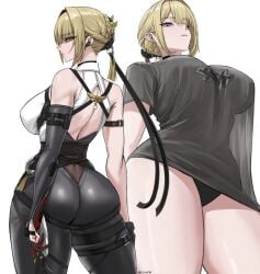1girls 2026 2d 2d_(artwork) absurdres arm_strap ass ass_focus back back_view bare_back bare_shoulders black_gloves black_panties black_pants blonde_female blonde_hair blonde_hair_female booty bottomless bottomless_female braid braided_hair breasts butt_focus chest_harness closed_mouth cluhob commentary curvy curvy_female dat_ass digital_media_(artwork) drawing earpiece earrings elbow_gloves english_commentary evelyn_chevalier female female_focus female_only full_color fully_clothed gloves grey_shirt hair_intakes half-closed_eyes half_gloves harness high-waist_pants high_resolution highres holding_knife holding_object hoyoverse huge_ass jewelry knife large_breasts latex latex_panties latex_pants light-skinned_female light_skin long_ribbon looking_at_viewer looking_back mature mature_female mature_woman mihoyo mihoyo_technology_(shanghai)_co._ltd. milf multiple_views panties pants purple_eyes ring_hair_ornament seductive sfw shirt sideways_glance simple_background single_elbow_glove single_half_glove sleeveless sleeveless_shirt sole_female soles solo solo_female solo_focus t-shirt thick_ass tight_fit tight_pants twitter_username underwear voluptuous voluptuous_female white_background white_shirt zenless_zone_zero