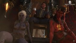 1boy 2026 3d annoyed annoyed_expression baldur's_gate baldur's_gate_3 breasts_out chains clothed_male_nude_female controller cup dark_elf dark_skin devil drow dungeons_and_dragons fantasy female femsub flames horn horns human human_dominating human_dominating_humanoid humanoid karlach large_breasts male maledom minthara nipples nude nude_female orange_eyes partially_clothed pissed_off purple_skin raphael_(baldur's_gate) red_skin slaves tail tattoo tattooed_arm tattoos throne throne_room tiefling tiefling_girl white_hair whyte_knight