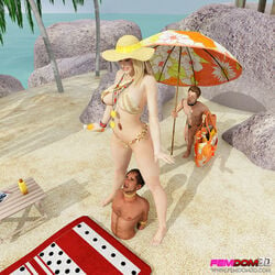 1girls 2boys 3d 3d_(artwork) beach big_breasts bikini blonde_hair collar curvy dominant_female domination dominatrix female_domination femdom femdom_3d hat human_chair human_furniture humiliation leash leash_and_collar outdoor sand servant slave submissive_male summer threesome umbrella viewed_from_below white_skin worship