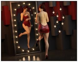 1girls 3d backless_dress backless_outfit clothed clothed_female daz_studio dress female female_only full_body high_heels minidress mirror neo_edo_art original pinup red_dress solo