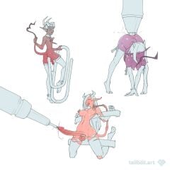 1boy 2girls artist_name breasts demon_boy demon_girl demon_horns demon_tail eyepatch futanari highres horns huge_cock large_breasts long_hair marker medium_breasts medium_hair multiple_girls nipple_piercing original paperclip pen penis piercing short_hair simple_background tail tailbox thighhighs torn_clothes torn_thighhighs urethral_insertion white_background white_thighhighs wide_hips