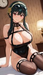 ai_generated bare_shoulders bed black_hair black_leotard black_nails black_thighhighs blush breasts cleavage clock covered_navel earrings eyewear_on_head female fishnet_thighhighs fishnets flower gold_earrings gold_hairband hair_flower hair_ornament hairband hd highleg highleg_leotard indoors jewelry lamp large_breasts leotard long_hair looking_at_viewer meitabuu nail_polish on_bed parted_lips red_eyes rose short_hair_with_long_locks sidelocks sitting smile solo spikes spy_x_family sunglasses thighhighs thighs yor_briar yor_forger