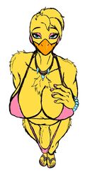 alternate_species anthro avian balls beak big_breasts bikini bird blue_eyes bracelet breasts chicken cleavage clothed clothing colored_nails eyelashes eyeshadow feathers feet five_nights_at_freddy's five_nights_at_freddy's_2 footwear fti_crossgender furrification futa_only futanari galliform gallus_(genus) genitals gynomorph hair hand_on_breast hi_res humanoid_feet intersex jewelry looking_at_viewer looking_up makeup nails necklace nipples non-mammal_breasts penis phasianid rule_63 sandals solo starnina15 swimwear toy_chica_(fnaf) video_games yellow_body