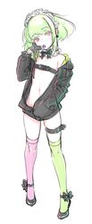 belt belt_bra bonnet bottomless collar femboy girly green_hair jacket jacket_open kneesocks leg_belt lio_fotia lollipop looking_at_viewer male male_only meimone navel pale-skinned_femboy pale-skinned_male promare purple_eyes solo solo_male stomach trap