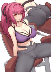 abs breasts evan_yang exercise fate_(series) large_breasts looking_at_viewer purple_hair scathach_(fate) sports_bra spreading_legs working_out yoga_pants