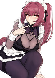 blush breasts brown_eyes evan_yang fate_(series) looking_away maid maid_outfit purple_hair raised_eyebrows scathach_(fate) thighs