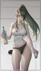 1girls arknights big_breasts black_panties female female_only green_hair hair_over_one_eye holding_bottle horn hoshiguma_(arknights) long_hair ponytail simple_background smile tank_top yellow_eyes