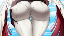 absurdres apple_butt ass ass_focus back_view belt black_gloves blonde_hair blue_sky bodysuit bubble_butt cameltoe close-up commentary dat_ass female from_behind gloves guilty_gear guilty_gear_xrd highres huge_ass jack-o'_valentine lindaroze long_hair pantylines skin_tight sky solo thigh_gap thighs tight_clothing very_long_hair