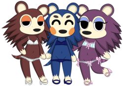 3girls able_sisters animal_crossing black_eyes blue_fur blue_hair brown_fur brown_hair dreameclipsewolf hedgehog high_heels labelle_able lingerie mabel_able multiple_females nintendo purple_fur purple_hair sable_able transparent_background underwear