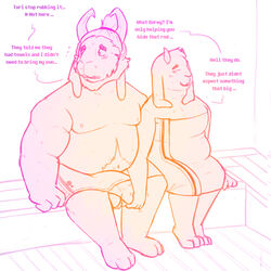 1:1 alternate_version_at_source anthro anthro_on_anthro asgore_dreemurr balls beard biped blush boss_monster bovid caprine clothed clothing dialogue duo english_text facial_hair female fondling fur genitals hair hi_res horn kanaking long_ears male mammal penis poking_out pubes sauna simple_background sitting straight text toriel undertale underwear video_games