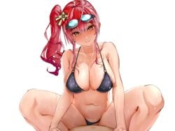 1boy ahoge azur_lane bangs bare_legs bikini bikini_aside black_bikini blush breasts brown_eyes cleavage closed_mouth clothed_female_nude_male collarbone cowgirl_position eyebrows_visible_through_hair female girl_on_top goggles goggles_on_head hair_ornament happy_sex large_breasts looking_at_viewer lying navel nose_blush nude o-ring o-ring_bikini o-ring_top on_back pov pov_eye_contact red_hair sex side_ponytail sidelocks simple_background smile solo_focus spread_legs stomach straddling straight swimsuit thighs tucciao water wet white_background zara_(azur_lane)