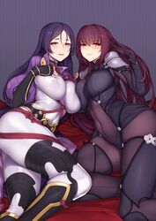 2girls blush evan_yang fate_(series) looking_at_viewer minamoto_no_raikou_(fate/grand_order) purple_hair scathach_(fate) tight_clothing