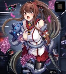 ambiguous_penetration black_legwear blush bondage breast_sucking breasts brown_eyes brown_hair covered_penetration detached_sleeves enemy_naval_mine_(kantai_collection) female flower gameplay_mechanics gun hair_flower hair_ornament headgear health_bar highres implied_penetration implied_sex kantai_collection lactation large_breasts long_hair milk milking milking_tentacles minimap monikano nipples open_mouth orgasm orgasm_meter pleated_skirt ponytail rape restrained restrained_by_tentacles sex_under_clothes sex_under_skirt shinkaisei-kan skirt squirting tentacle tentacle_around_waist tentacle_sex tentacle_sucking_breasts tentacle_under_skirt tentacles_around_arms tentacles_around_legs tentacles_under_clothes torn_clothes torn_top very_long_hair weapon yamato_(kantai_collection)