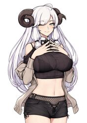 big_breasts evan_yang horns long_hair looking_at_viewer midriff smiling visible_underwear white_hair wink