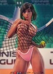 1girls 3d abs alternate_breast_size areolae big_breasts blender breasts dark-skinned_female dark_skin female female_only forceballfx hairless_pussy large_breasts muscles muscular muscular_female net nipples overwatch pharah pierced_nipples skindentation solo tennis tennis_ball