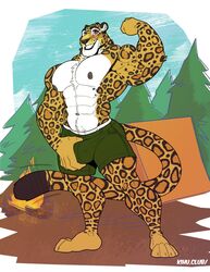 2020 abs anthro barazoku belly_tuft biceps big_muscles bottomwear bulge camping chest_tuft clothed clothing felid flexing hand_on_bulge hand_on_crotch heterochromia huge_biceps huge_muscles huge_pecs kihu leopard male male_only mammal muscular muscular_anthro muscular_male navel nipples obliques outside pantherine pecs shorts smile solo standing tent topless topless_male tuft