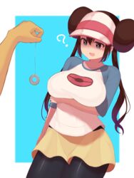 1boy 1girls acow big_breasts blue_eyes brown_hair clothed clothing double_bun hat hypno hypnosis large_breasts leggings mind_control nintendo pale-skinned_female pale_skin pantyhose pendulum pokemon pokemon_(species) pokemon_bw pokemon_rgby rosa_(pokemon) thick_thighs thighs twintails