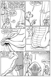 2020 ? anthro black_and_white clothed clothing comic dragon english_text equid equine female genitals gustav_(here_there_be_dragons) here_there_be_dragons horn horse karno male mammal monochrome naga open_mouth piercing pussy reptile scalie serpentine snake speech_bubble teeth text wings zashy