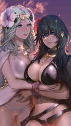 2girls belly big_breasts bikini black_bikini black_swimsuit blue_eyes blue_hair byleth_(fire_emblem) byleth_(fire_emblem)_(female) byleth_(summer)_(fire_emblem)_(female) cleavage cropped female/female female_only fire_emblem fire_emblem:_three_houses fire_emblem_heroes green_eyes green_hair huge_breasts large_breasts long_hair midriff multiple_girls nintendo qnqz89n rhea_(fire_emblem) rhea_(summer)_(fire_emblem) rhealeth swimsuit white_bikini white_swimsuit yuri