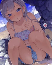 beach bikini bikini_aside bikini_bottom bikini_bottom_aside bikini_top blue_eyes blush blushing dutch_angle female female_focus female_only hisakawa_hayate idolmaster outdoor_pee outdoors peeing peeing_on_ground pussy seneto sitting_pee solo solo_female solo_focus squat squatting swimwear the_idolm@ster the_idolm@ster_cinderella_girls urinating urinating_female urination urine urine_pool urine_stream