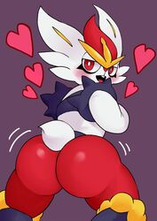 ambiguous_gender anthro ass back big_ass blush bunny_ears bunny_tail cinderace eye_contact furry heart huge_ass looking_at_viewer looking_back nintendo nude oasis_(magnitude711) pokemon pokemon_ss pose purple_background red_eyes solo tail thick_ass thick_thighs thighs white_fur