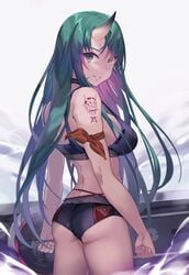 arknights big_ass big_breasts green_eyes green_hair horn hoshiguma_(arknights) long_hair looking_back simple_background smile tattoo underwear