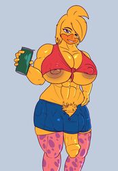 1futa anthro avian balls beak beverage_can big_balls big_breasts big_penis bird bottomwear breasts bulge chica_(fnaf) chicken clothed clothing crisis-omega five_nights_at_freddy's flaccid freckles furry futa_only futanari galliform gallus_(genus) genitals gynomorph hi_res holding_object humanoid_genitalia humanoid_penis ineffective_clothing intersex legwear muscle_bird muscular muscular_anthro muscular_gynomorph muscular_intersex nipple_slip nipples non-mammal_breasts penis penis_through_leghole phasianid poking_out pubes shorts solo standing topwear uncut video_games yellow_body