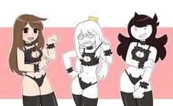 3girls blush bra cat_lingerie clothed clothing curvy curvy_figure embarrassed emirichu female female_only fit fit_female hourglass_figure jaiden jaiden_animations latex_thighhighs looking_at_viewer medium_breasts panties tabbes tagme thick_thighs thighhighs thrumbo youtube youtuber