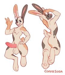 absurd_res anthro balls beckett_(shayhop) big_balls big_penis coffeesoda foreskin genitals girly hi_res horn humanoid_genitalia humanoid_penis lagomorph leporid male mammal nude penis rabbit simple_background solo white_background