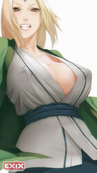 1girls blonde_hair breasts brown_eyes cleavage erect_nipples erect_nipples_under_clothes female female_only forehead_jewel grin haori highres japanese_clothes k19 kimono large_breasts long_hair looking_at_viewer naruto naruto_shippuden obi sash short_kimono smile solo tsunade