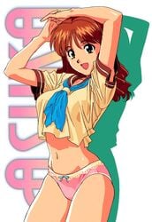 1girls 90s arms_above_head arms_up asuka_(viper) bare_arms bow bow_panties breasts brown_eyes brown_hair character_name clothing crop_top eyebrows_visible_through_hair female female_only highres interlocked_fingers katsura_ken'ichirou long_hair matching_hair/eyes medium_breasts midriff navel official_art open_mouth panties shirt silhouette simple_background smile sogna solo standing thick_thighs thighs tongue underwear viper_(series) viper_ctr white_background