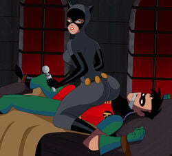 age_difference aroused batman:_the_animated_series batman_(series) big_breasts breasts catwoman catwoman_(dcau) dc dc_comics dcau dick_grayson erection female female_on_top looking_at_partner looking_back male mature_female robin_(dc) robin_(dick_grayson) sonson-sensei straight thick_thighs