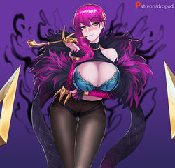 big_breasts bra drogod_(artist) evelynn k/da_evelynn k/da_series large_breasts league_of_legends pink_hair pipe riot_games source_request succubus