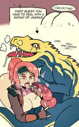 1boy 1girls anal_fingering animal_genitalia animal_penis anthro bad_id bad_newgrounds_id big_breasts black_sclera blowjob blush capcom cum cum_in_mouth eyeshadow fanged_wyvern fellatio female fingering hunter_(monster_hunter) interspecies jagras knot knotted_penis large_breasts male_penetrating monster_hunter monster_hunter_world onice_(wolfgang_bang) original_character pale-skinned_female pale_skin pink_hair ponytail prostate_stimulation saliva source_request text wolfgang_bang year_request yellow_eyes zoophilia