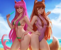 2girls animal_ears beach bikini blazblue breasts brown_hair curvy exhibitionism female female_only glasses holo ice_cream kittew kokonoe long_hair medium_breasts multiple_girls navel nude_female one-piece_swimsuit orange_hair pink_hair public public_exposure public_nudity red_eyes spice_and_wolf swimsuit very_long_hair wet