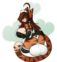 2020 ahoge anthro armwear ass balls big_balls big_breasts big_butt blush bottomwear breasts brown_body brown_fur brown_hair brown_stripes bulge clothing curvaceous curvy_figure dipstick_tail domestic_cat eyewear felid feline felis fur genitals glasses green_clothing green_eyes green_legwear green_socks gynomorph hair hi_res huge_balls huge_breasts intersex legwear long_hair long_tail looking_at_viewer looking_back maid_uniform mammal miniskirt mostly_nude multicolored_tail olivie_rosestar open_mouth panties pink_nose portrait side_boob signature simple_background skirt socks solo stripes tehbuttercookie thick_thighs underwear uniform voluptuous