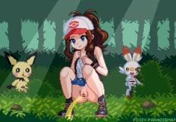 1girls animal_penis animated areolae baseball_cap blue_eyes boots bottomless brown_hair clothes_lift female female_only footwear full_body functionally_nude functionally_nude_female game_freak hair hat headwear hilda_(pokemon) hips legs nervous outdoor paradigma7 peeing pichu pissing pixel_animation pixel_art pokeball pokemon pokemon_bw ponytail pussy red_panties scorbunny shorts shorts_down solo solo_female thighs topless watersports