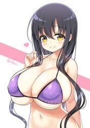 1girls belly belly_button big_breasts black_hair cute dark_hair heart huge_breasts iwato_kasumi long_hair nipples nipples_visible_through_clothing saki shuz_(dodidu) smile smiling solo swimsuit thin_waist yellow_eyes